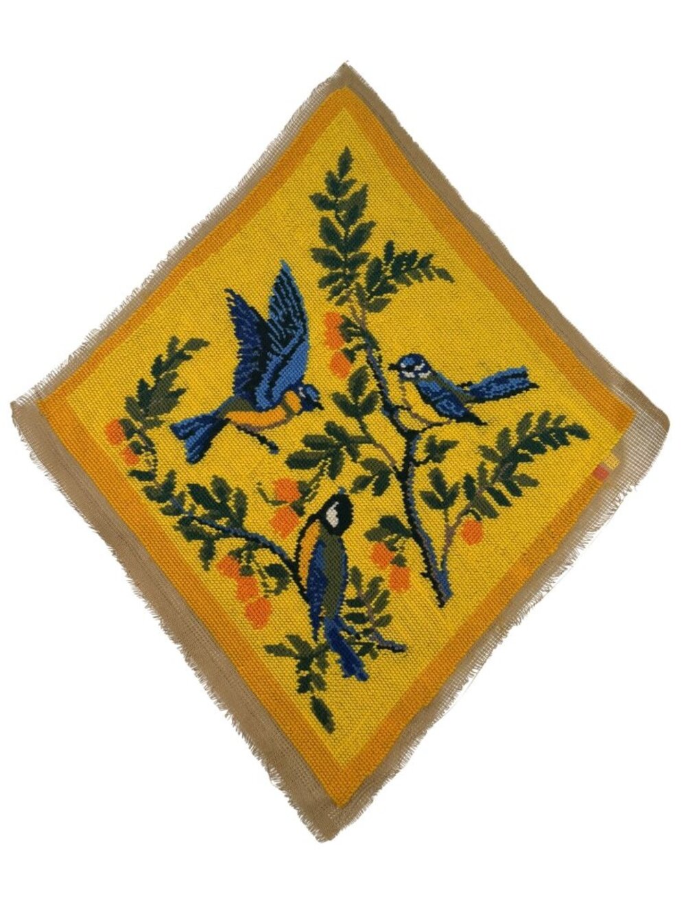 Vintage Needlepoint Vivid Yellow Bluebird Blossoms & Branches 15x15" Pillow